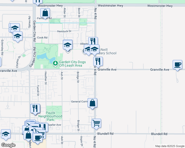 map of restaurants, bars, coffee shops, grocery stores, and more near 7060 Bridge Street in Richmond