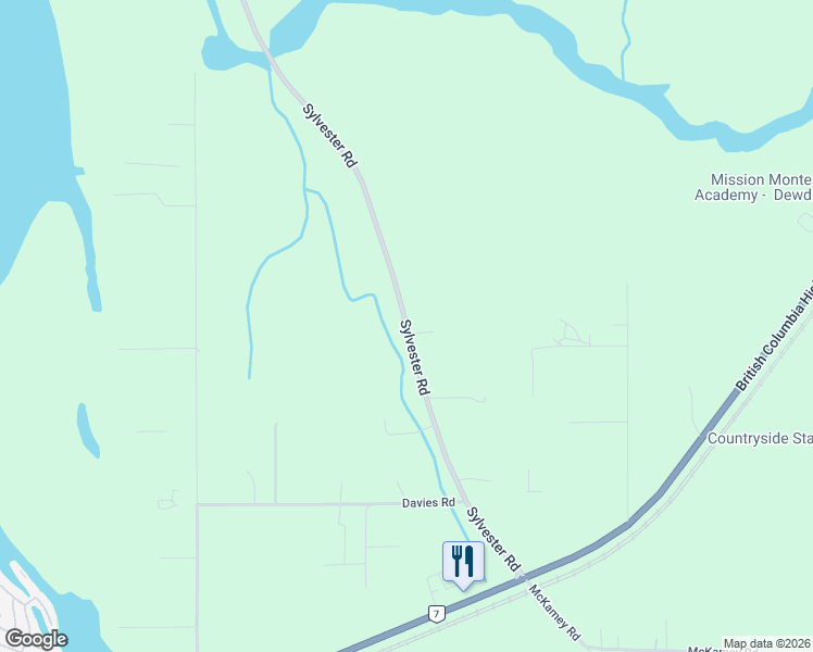 map of restaurants, bars, coffee shops, grocery stores, and more near 9380 Sylvester Road in Fraser Valley