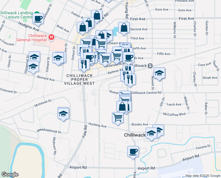 map of restaurants, bars, coffee shops, grocery stores, and more near 45871 Rowat Avenue in Chilliwack