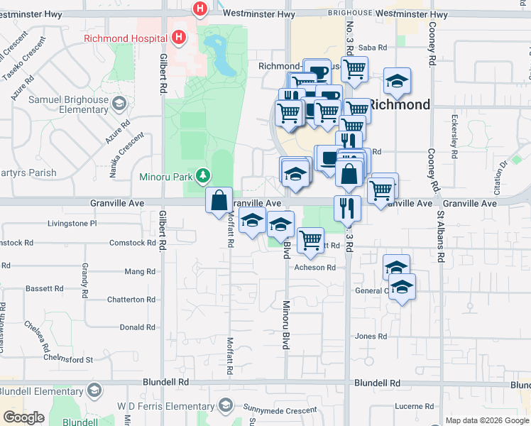 map of restaurants, bars, coffee shops, grocery stores, and more near 7680 Granville Avenue in Richmond