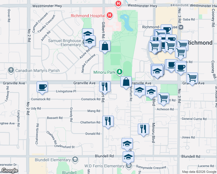 map of restaurants, bars, coffee shops, grocery stores, and more near 7040 Granville Avenue in Richmond