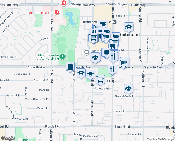 map of restaurants, bars, coffee shops, grocery stores, and more near 7760 Granville Avenue in Richmond