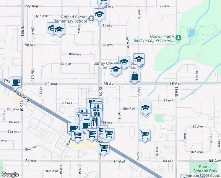map of restaurants, bars, coffee shops, grocery stores, and more near 8775 161 Street in Surrey
