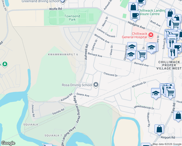 map of restaurants, bars, coffee shops, grocery stores, and more near 45197 Lazenby Road in Chilliwack