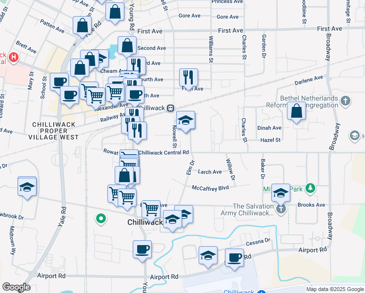 map of restaurants, bars, coffee shops, grocery stores, and more near 8830 Nowell Street in Chilliwack