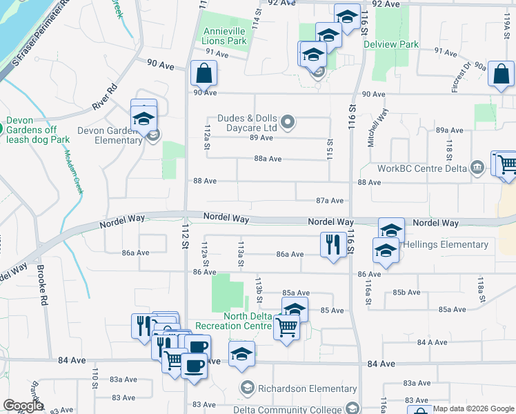 map of restaurants, bars, coffee shops, grocery stores, and more near 11362 87A Avenue in Delta