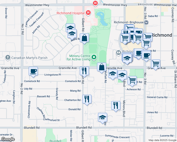 map of restaurants, bars, coffee shops, grocery stores, and more near 7040 Granville Avenue in Richmond