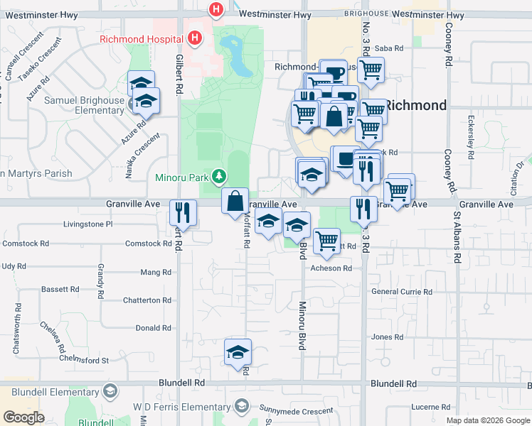 map of restaurants, bars, coffee shops, grocery stores, and more near 7500 Granville Avenue in Richmond