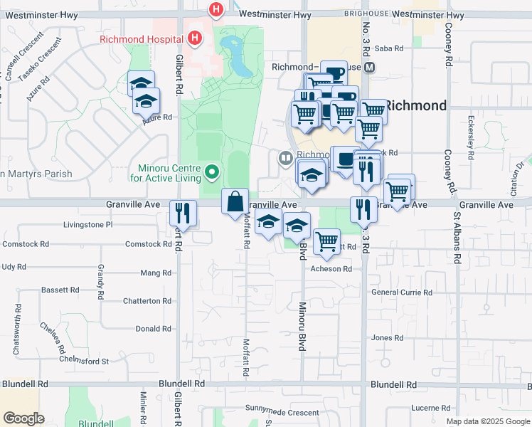 map of restaurants, bars, coffee shops, grocery stores, and more near 7500 Granville Avenue in Richmond