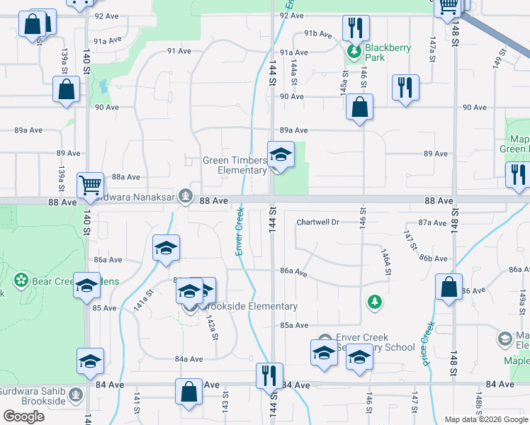 map of restaurants, bars, coffee shops, grocery stores, and more near 8775 144 Street in Surrey