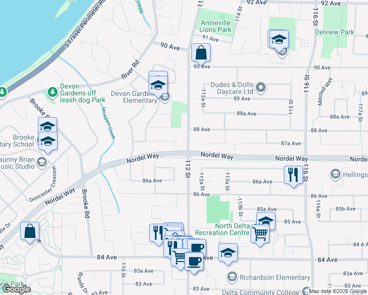 map of restaurants, bars, coffee shops, grocery stores, and more near 8749 112 Street in Delta