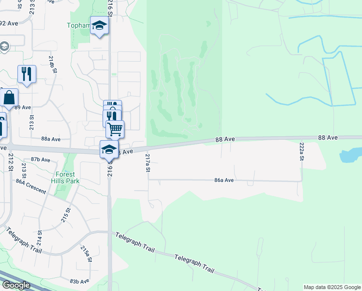 map of restaurants, bars, coffee shops, grocery stores, and more near 21822 88 Avenue in Langley