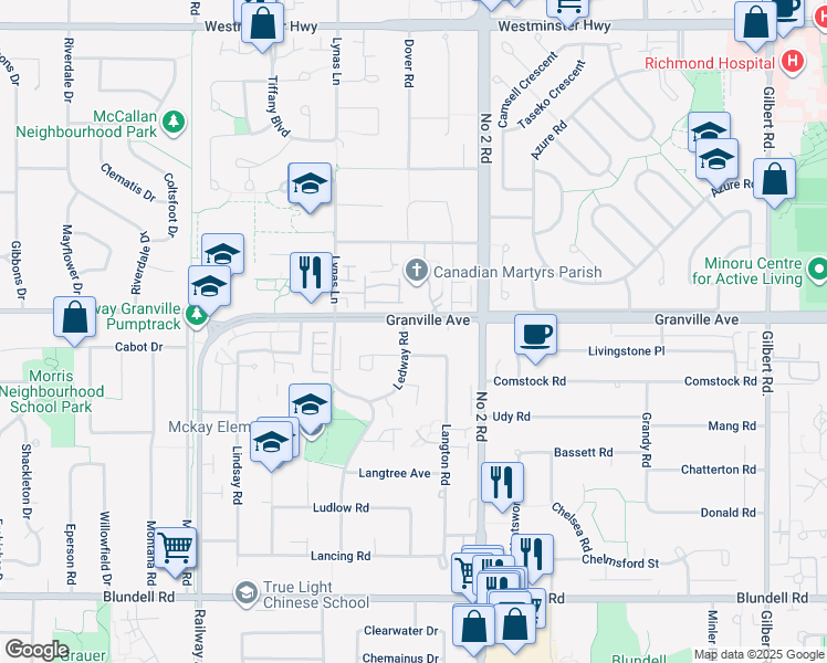map of restaurants, bars, coffee shops, grocery stores, and more near 5800 Granville Avenue in Richmond