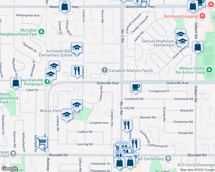 map of restaurants, bars, coffee shops, grocery stores, and more near 5860 Granville Avenue in Richmond