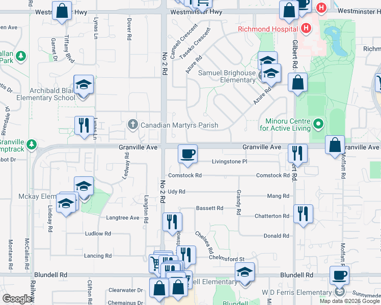 map of restaurants, bars, coffee shops, grocery stores, and more near 6160 Granville Avenue in Richmond