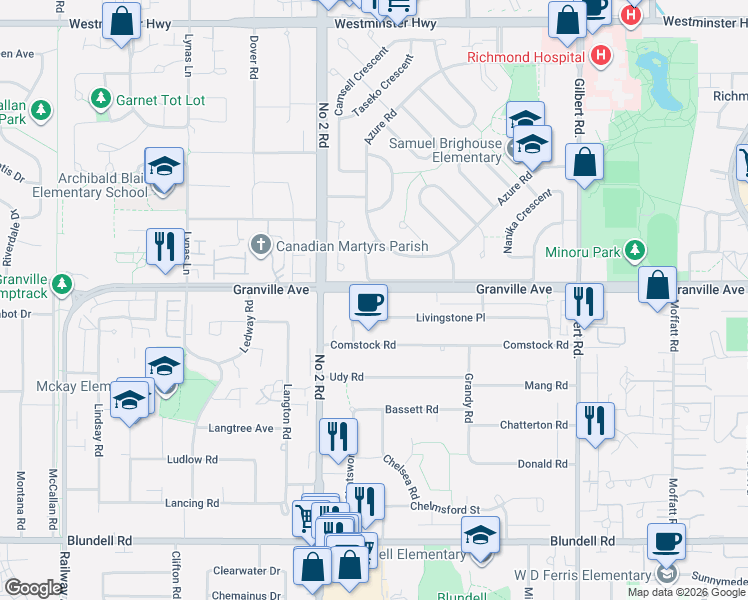 map of restaurants, bars, coffee shops, grocery stores, and more near 6160 Granville Avenue in Richmond