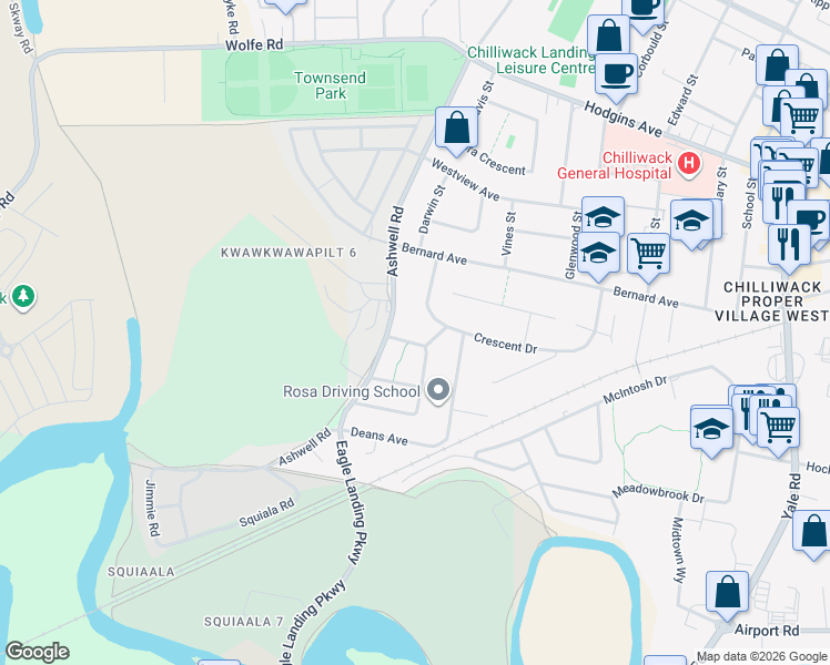 map of restaurants, bars, coffee shops, grocery stores, and more near 45217 Lazenby Road in Chilliwack