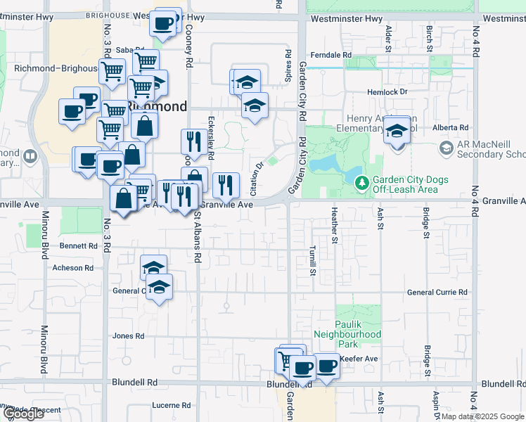 map of restaurants, bars, coffee shops, grocery stores, and more near 8660 Granville Avenue in Richmond