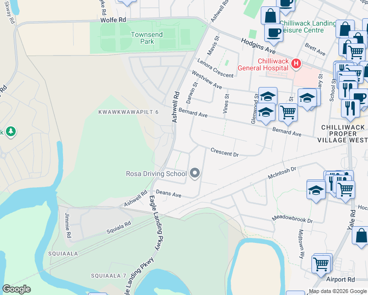 map of restaurants, bars, coffee shops, grocery stores, and more near 45217 Lazenby Road in Chilliwack
