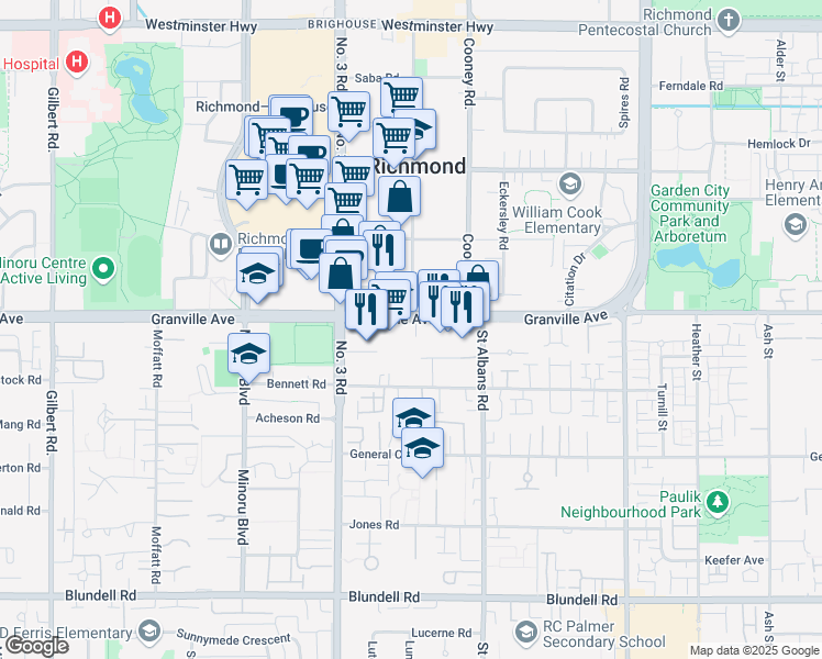 map of restaurants, bars, coffee shops, grocery stores, and more near in Richmond