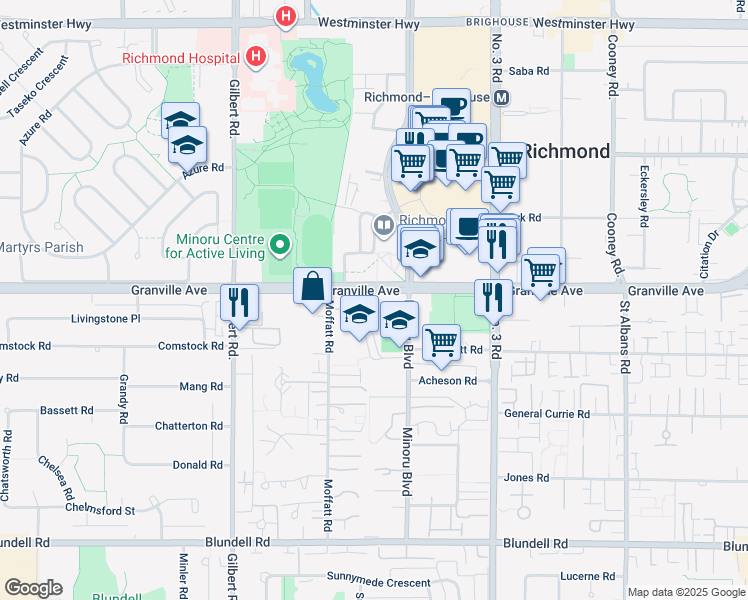map of restaurants, bars, coffee shops, grocery stores, and more near 7680 Granville Avenue in Richmond