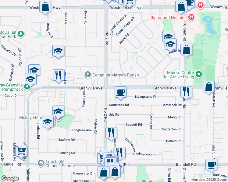 map of restaurants, bars, coffee shops, grocery stores, and more near 6080 Granville Avenue in Richmond