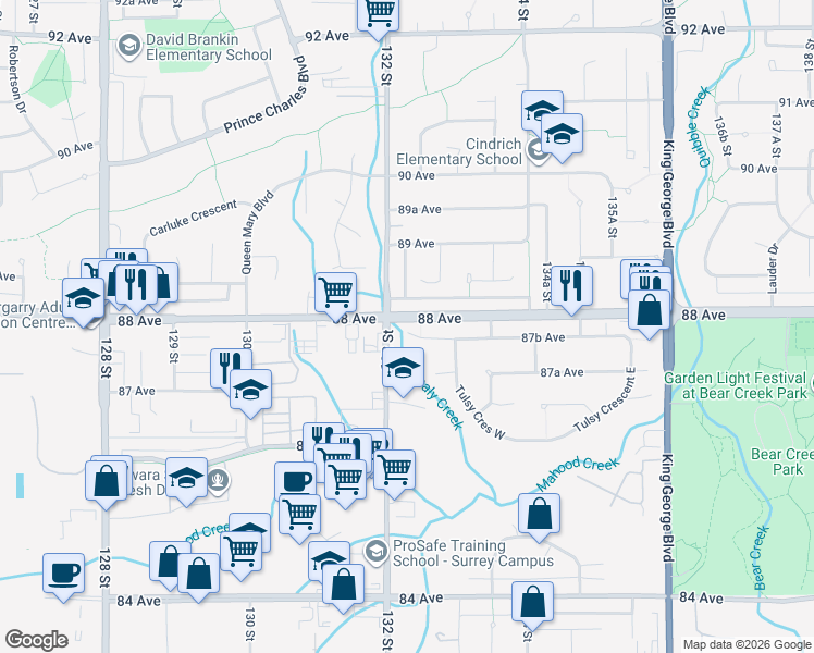 map of restaurants, bars, coffee shops, grocery stores, and more near 13229 87B Avenue in Surrey