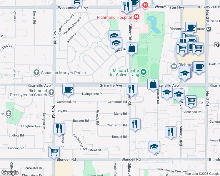 map of restaurants, bars, coffee shops, grocery stores, and more near 6566 Granville Avenue in Richmond
