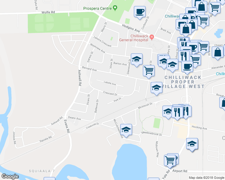 map of restaurants, bars, coffee shops, grocery stores, and more near 45361 Crescent Drive in Chilliwack