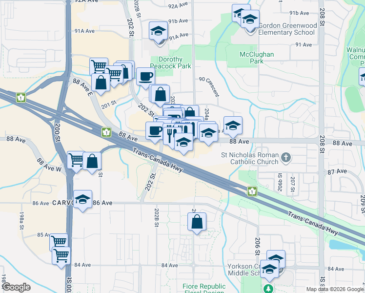 map of restaurants, bars, coffee shops, grocery stores, and more near 20378 88 Avenue in Langley Township