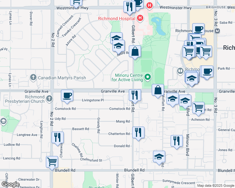 map of restaurants, bars, coffee shops, grocery stores, and more near 6733 Livingstone Place in Richmond