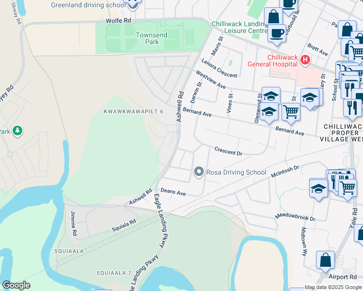 map of restaurants, bars, coffee shops, grocery stores, and more near 45197 Lazenby Road in Chilliwack