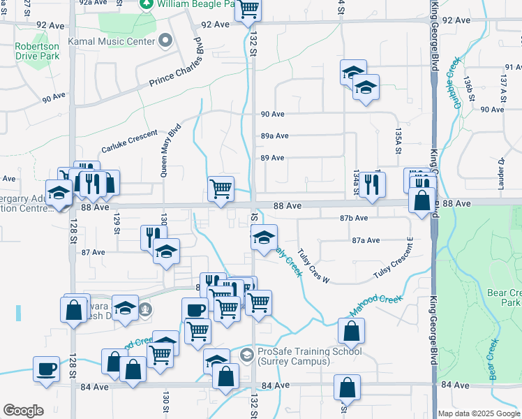 map of restaurants, bars, coffee shops, grocery stores, and more near 13225 87B Avenue in Surrey