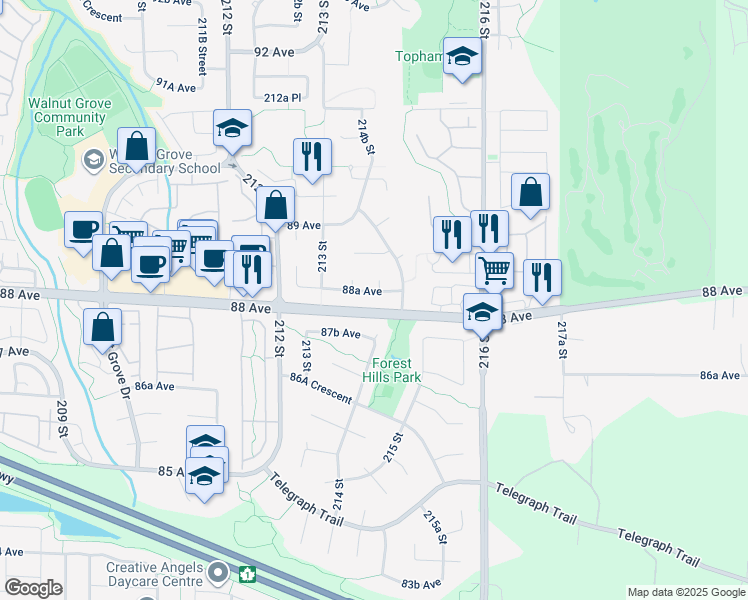 map of restaurants, bars, coffee shops, grocery stores, and more near 21398 88A Avenue in Langley Township