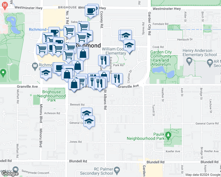 map of restaurants, bars, coffee shops, grocery stores, and more near 8460 Granville Avenue in Richmond