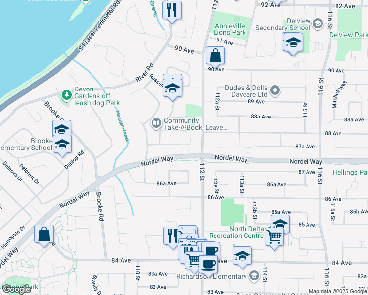 map of restaurants, bars, coffee shops, grocery stores, and more near 11132 Patricia Drive in Delta