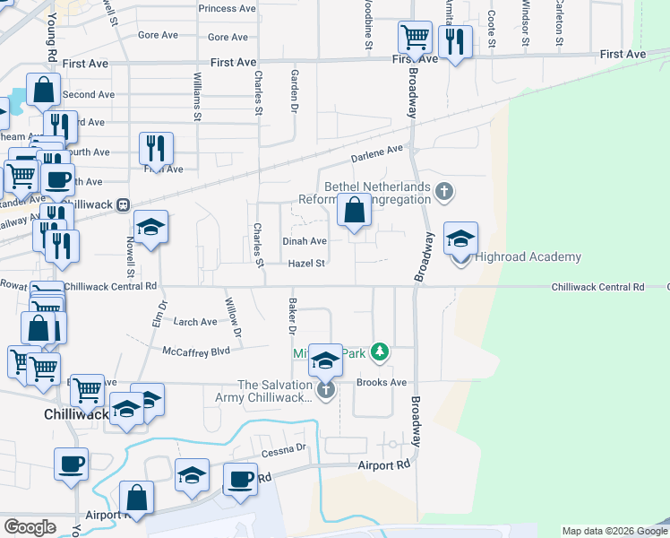 map of restaurants, bars, coffee shops, grocery stores, and more near 46446 Angela Avenue in Chilliwack