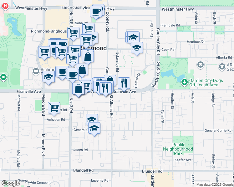 map of restaurants, bars, coffee shops, grocery stores, and more near 8460 Granville Avenue in Richmond