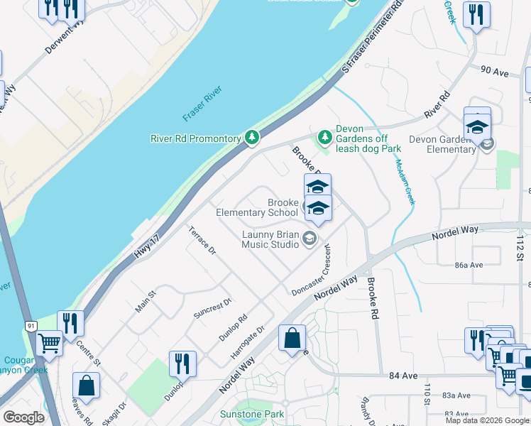 map of restaurants, bars, coffee shops, grocery stores, and more near 8841 Delmonte Crescent in Delta