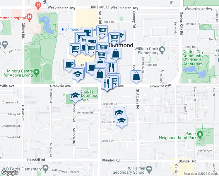 map of restaurants, bars, coffee shops, grocery stores, and more near 8080 Granville Avenue in Richmond