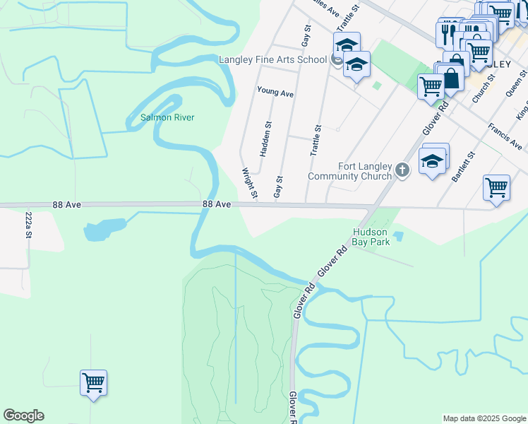 map of restaurants, bars, coffee shops, grocery stores, and more near 22814 88 Avenue in Langley Township