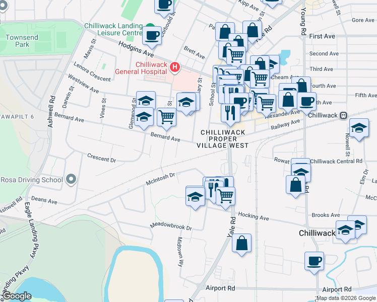 map of restaurants, bars, coffee shops, grocery stores, and more near 45608 Bernard Avenue in Chilliwack