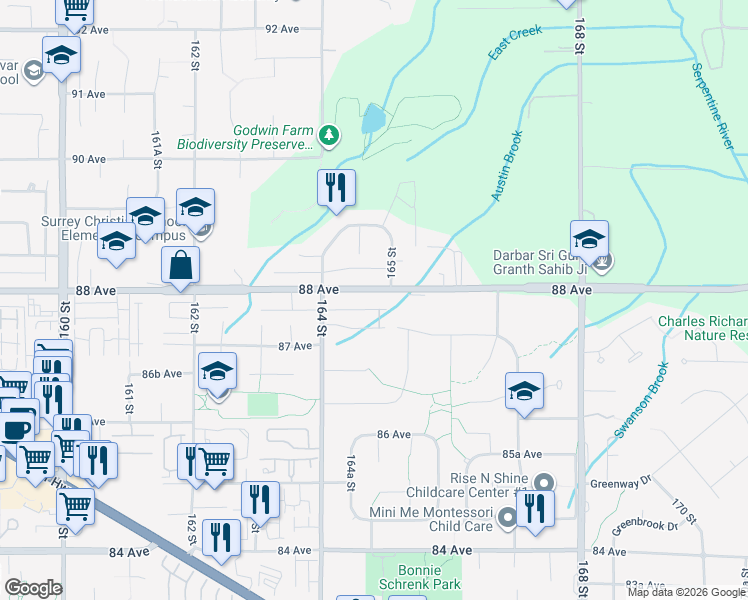map of restaurants, bars, coffee shops, grocery stores, and more near 16482 88 Avenue in Surrey