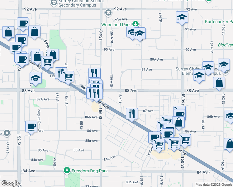 map of restaurants, bars, coffee shops, grocery stores, and more near 15688 88 Avenue in Surrey