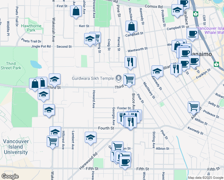 map of restaurants, bars, coffee shops, grocery stores, and more near 421 Third Street in Nanaimo