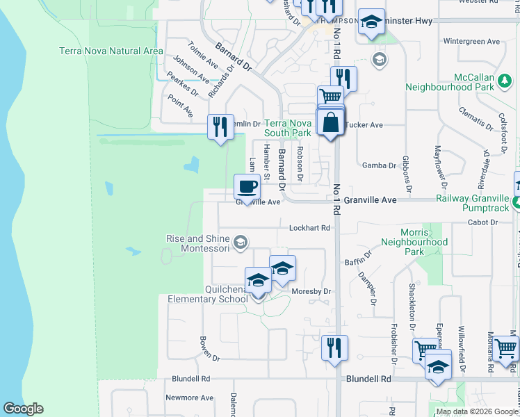 map of restaurants, bars, coffee shops, grocery stores, and more near 3400 Granville Avenue in Richmond