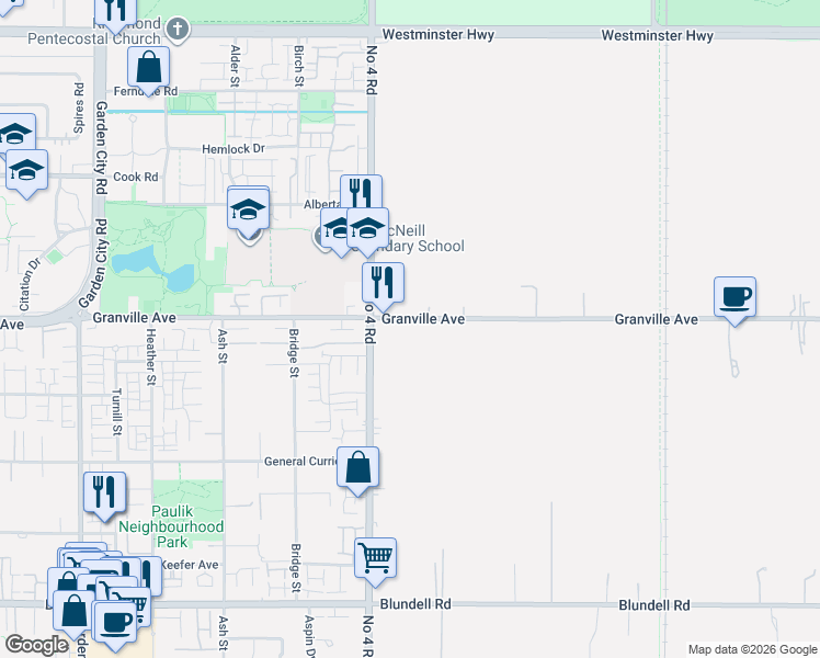 map of restaurants, bars, coffee shops, grocery stores, and more near 10100 Granville Avenue in Richmond