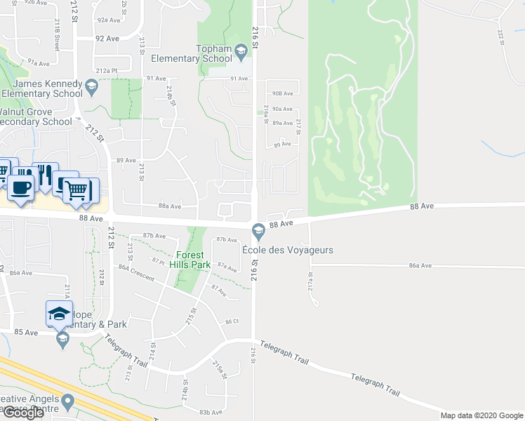 map of restaurants, bars, coffee shops, grocery stores, and more near 108 216 Street in Langley