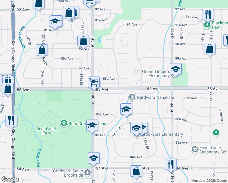 map of restaurants, bars, coffee shops, grocery stores, and more near 14116 88 Avenue in Surrey