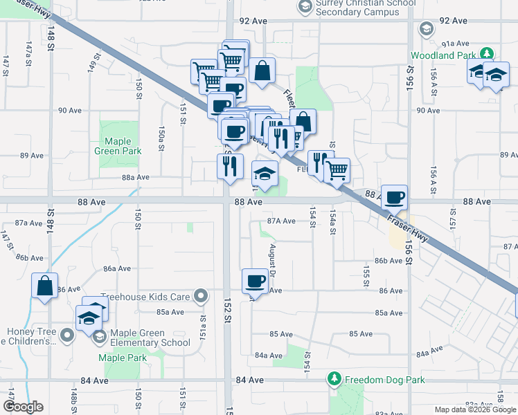 map of restaurants, bars, coffee shops, grocery stores, and more near 15280 88 Avenue in Surrey